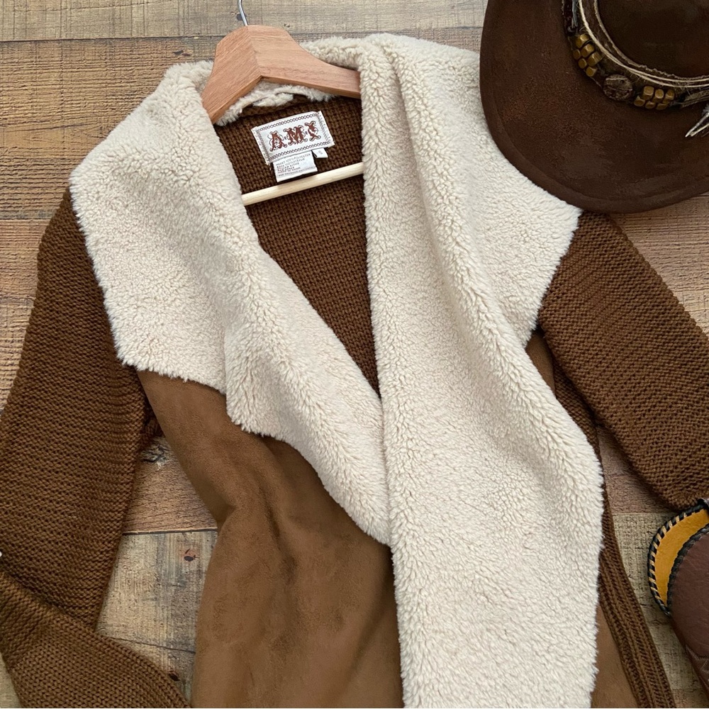 Chocolate Suede Sweater Cardigan Jacket Vegan Shearling Open - Picture 2 of 16